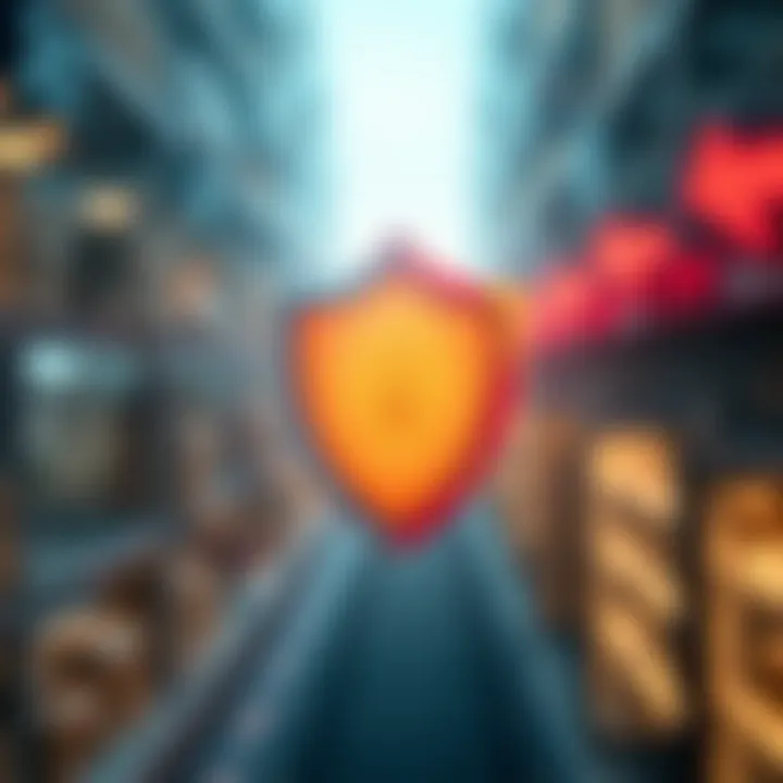 Shield symbol protecting various business icons representing asset protection and security