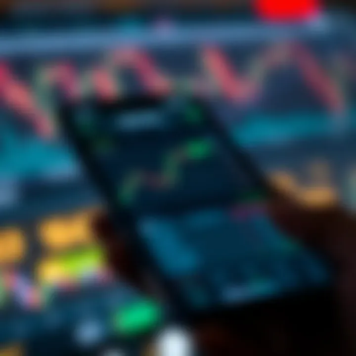 Smartphone displaying a forex trading app interface with currency charts and trading options