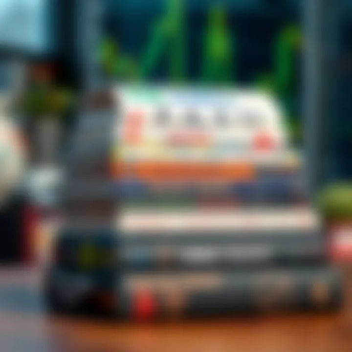 Stack of forex trading books with charts and currency symbols on the covers