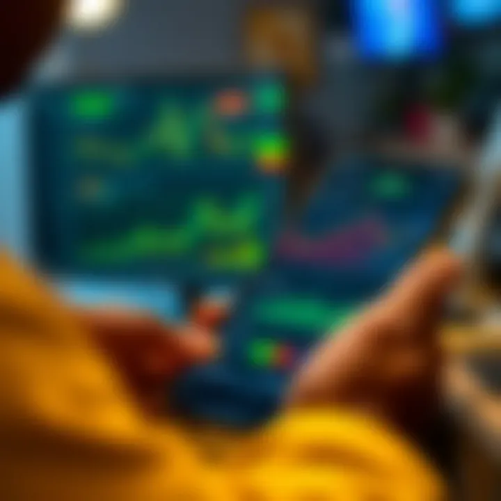 User interacting with a mobile application displaying various cryptocurrency charts and trading options