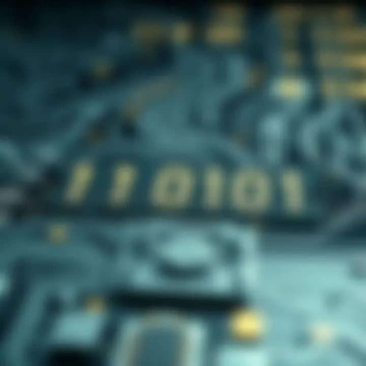 Conceptual graphic showing binary code powering modern technology devices and digital circuits