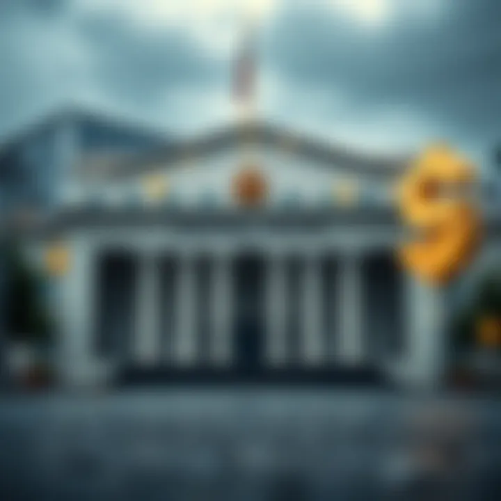 Central bank building with currency symbols representing monetary policy and economic decisions