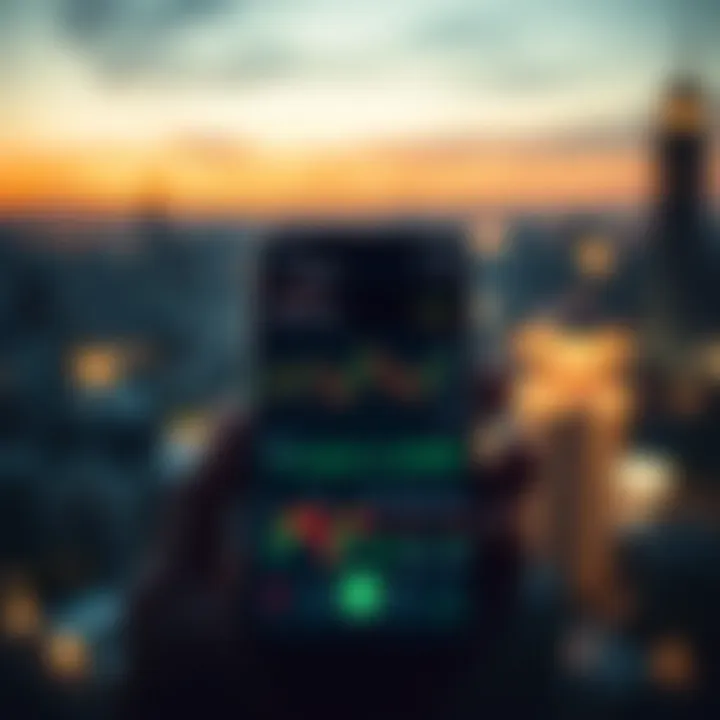 Mobile device displaying forex trading application interface with currency charts and analytics