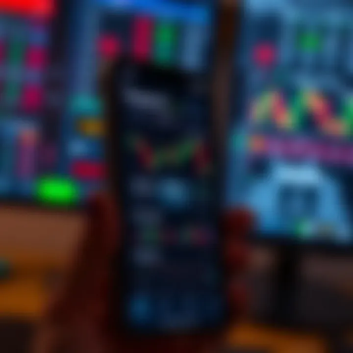 Mobile device displaying various forex trading app interfaces with charts and currency pairs