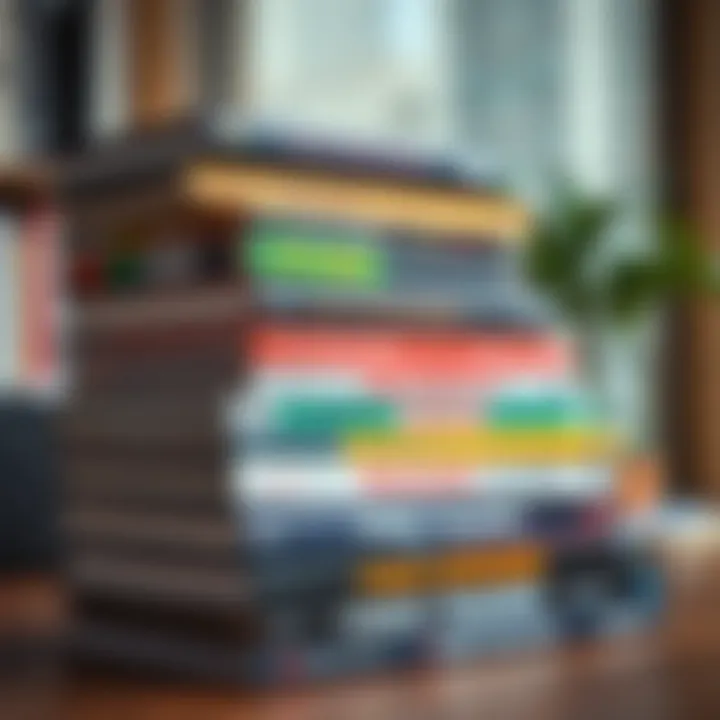 Selection of Forex Trading Books for Various Experience Levels Stack of forex trading books arranged with titles highlighting different skill levels and trading strategies