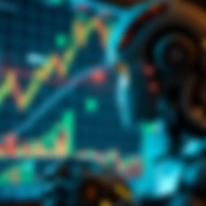 Illustration of a digital robot analyzing forex market charts with rising graphs and currency symbols
