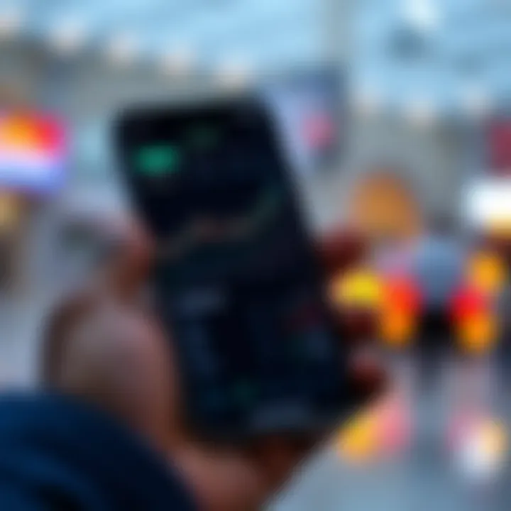 Mobile phone displaying trading app interface with charts and investment options