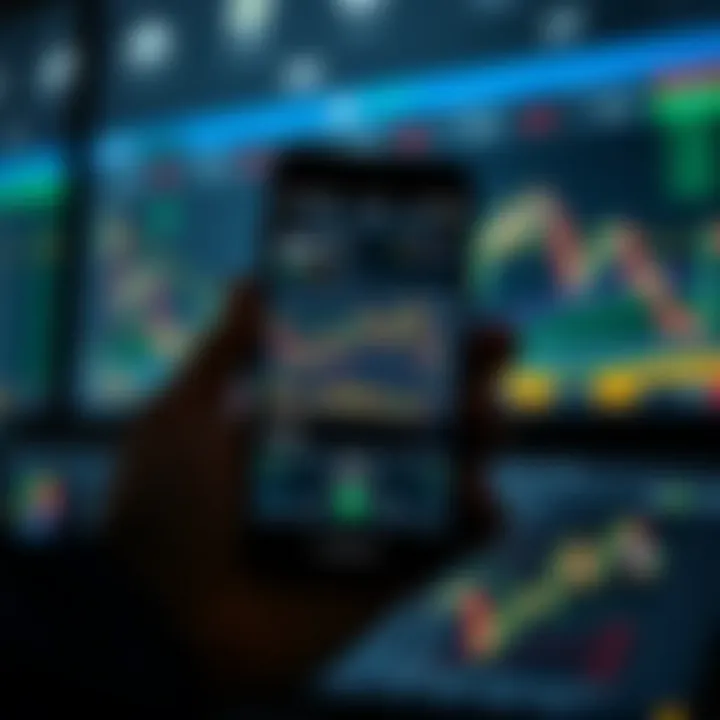 Mobile phone displaying a trading application interface with charts and statistics