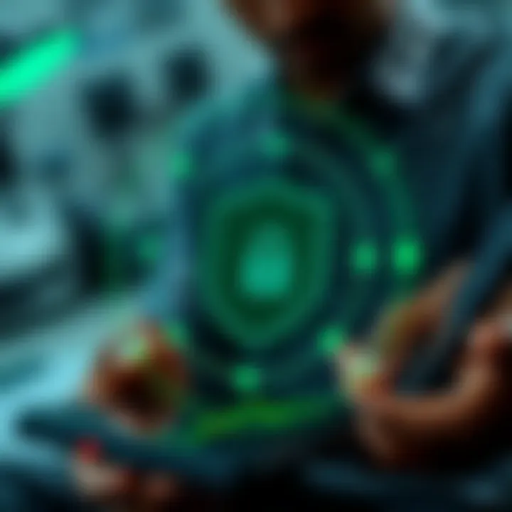 Security features symbolized by a shield icon protecting digital trading transactions on mobile devices