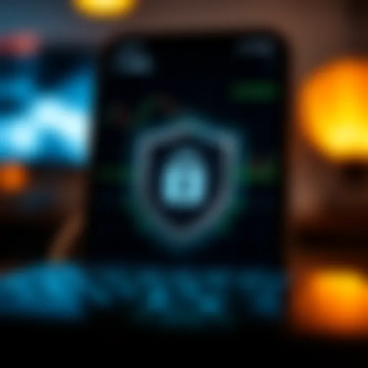 Graphic showing secure shield symbol over financial app representing data protection