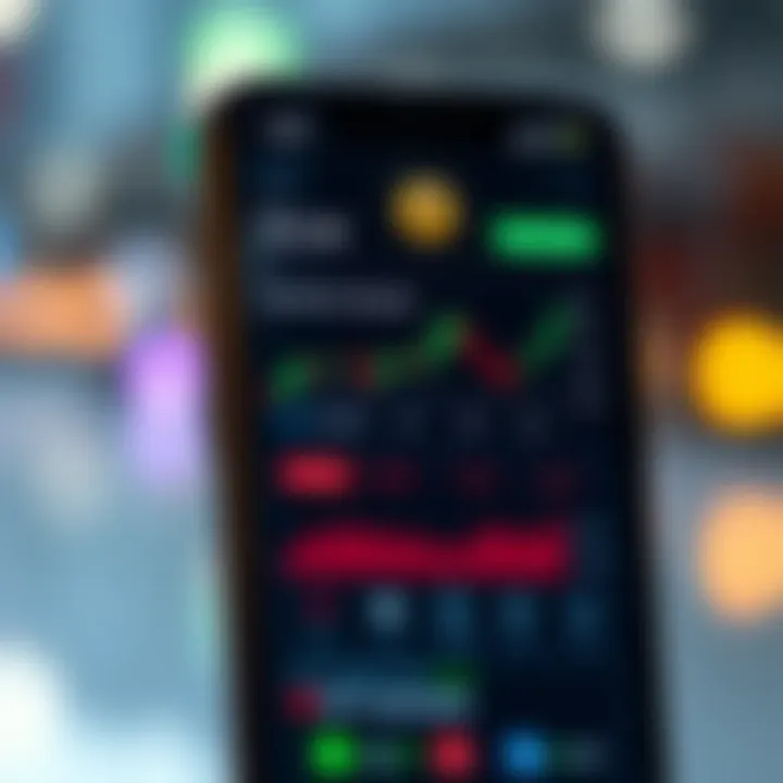 Mobile phone screen displaying a secure trading application interface with charts and market data