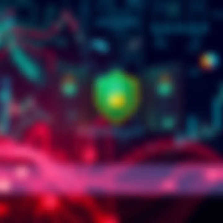 Illustration depicting cybersecurity defenses monitoring and detecting malicious bot binaries in a digital environment