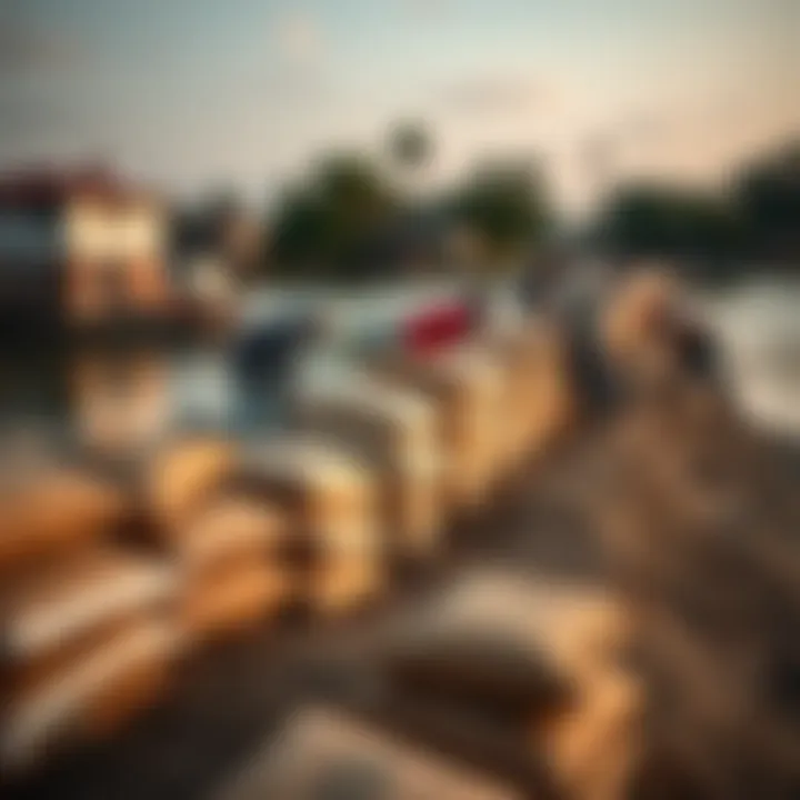 Community members collaborating to reinforce flood barriers with sandbags near a riverbank