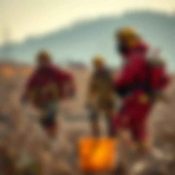 Emergency response teams coordinating rescue operations amid wildfire-affected terrain