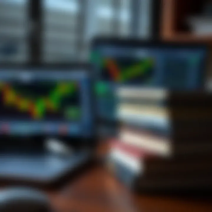 Stack of books and a laptop showing forex trading strategy diagrams