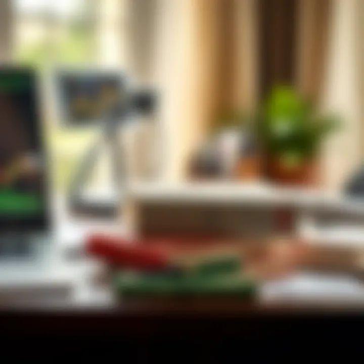 Desk with forex trading books, a laptop, and financial notes