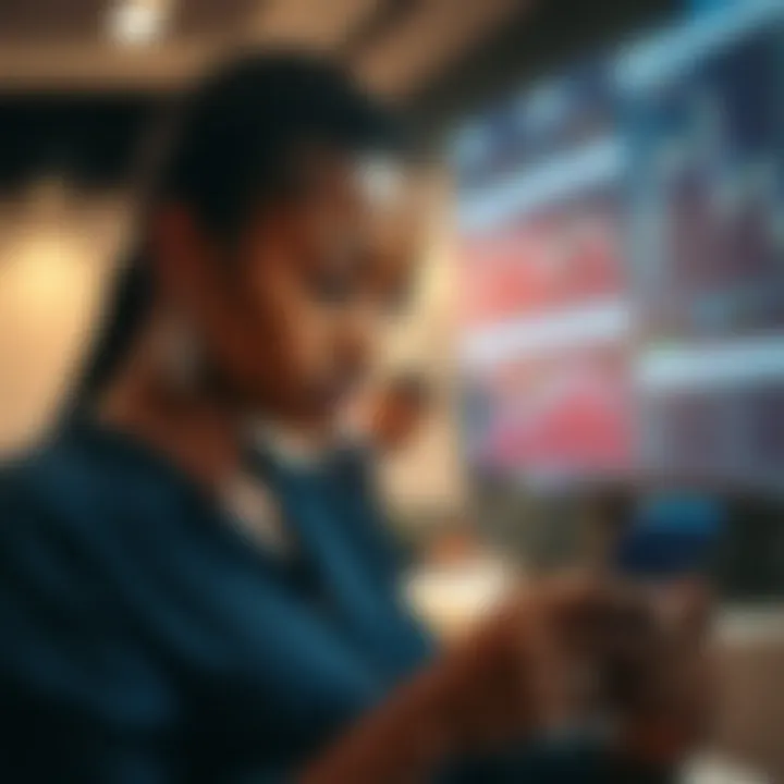 Young Nigerian female trader analyzing financial charts on a smartphone
