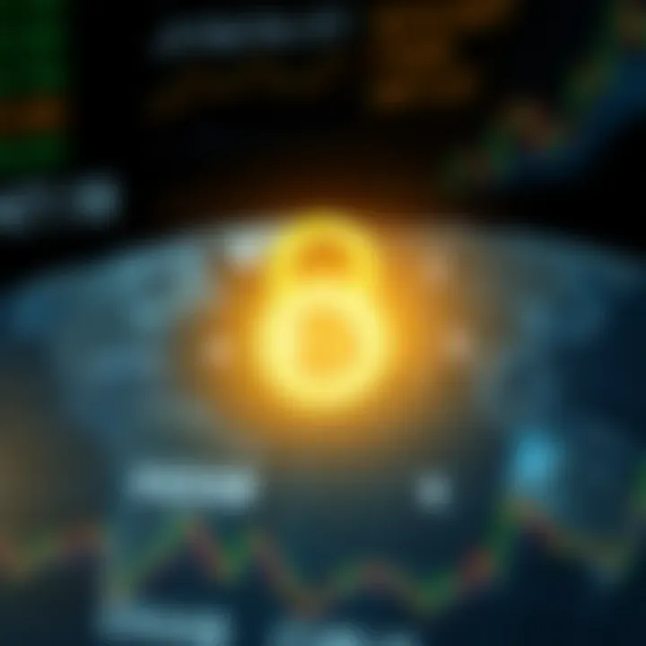 Representation of secure online trading with digital padlock and currency symbols over a global map