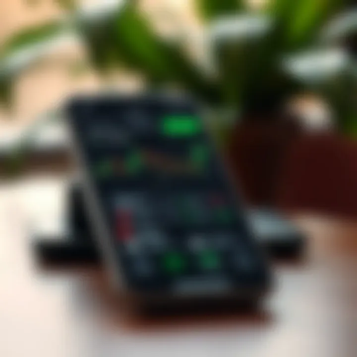Smartphone displaying a forex trading app interface with currency charts and trading options