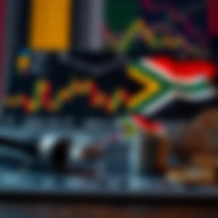Illustration of forex trading tools with South African flag and currency symbols representing local market considerations