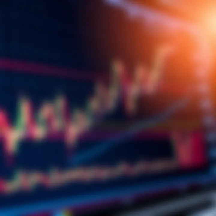 Graph showing currency exchange rates with candlestick patterns and trend lines on a digital trading platform