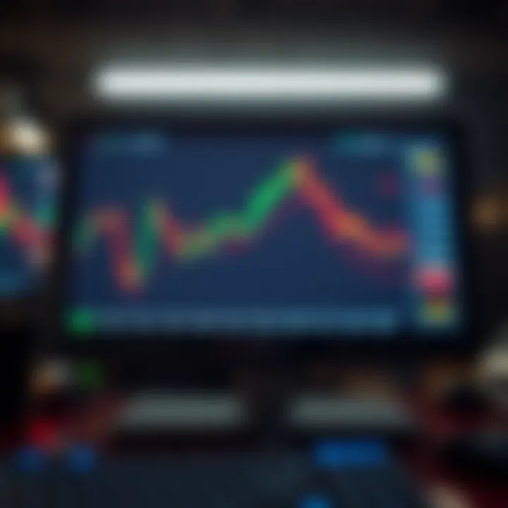 Graph showing currency exchange rates with upward and downward trends on a digital screen