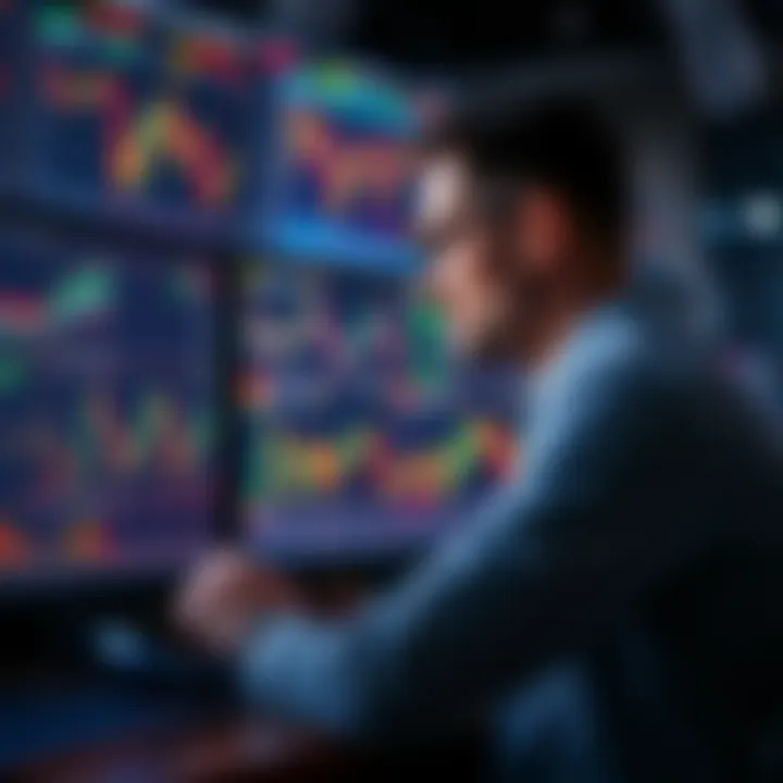 Trader Reviewing Forex Market Data Illustration of a trader analyzing charts and monitoring financial data on multiple screens