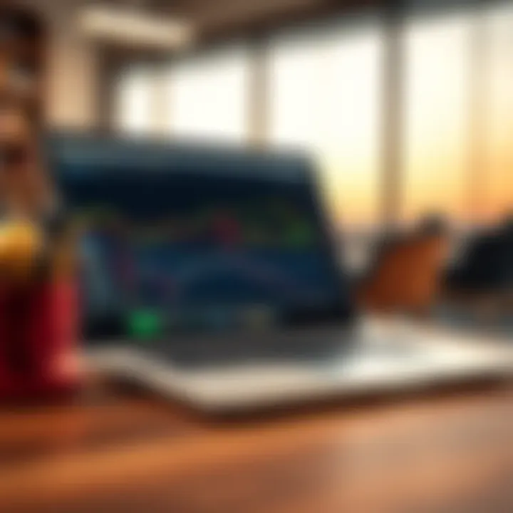 Laptop screen displaying forex trading software with charts and indicators