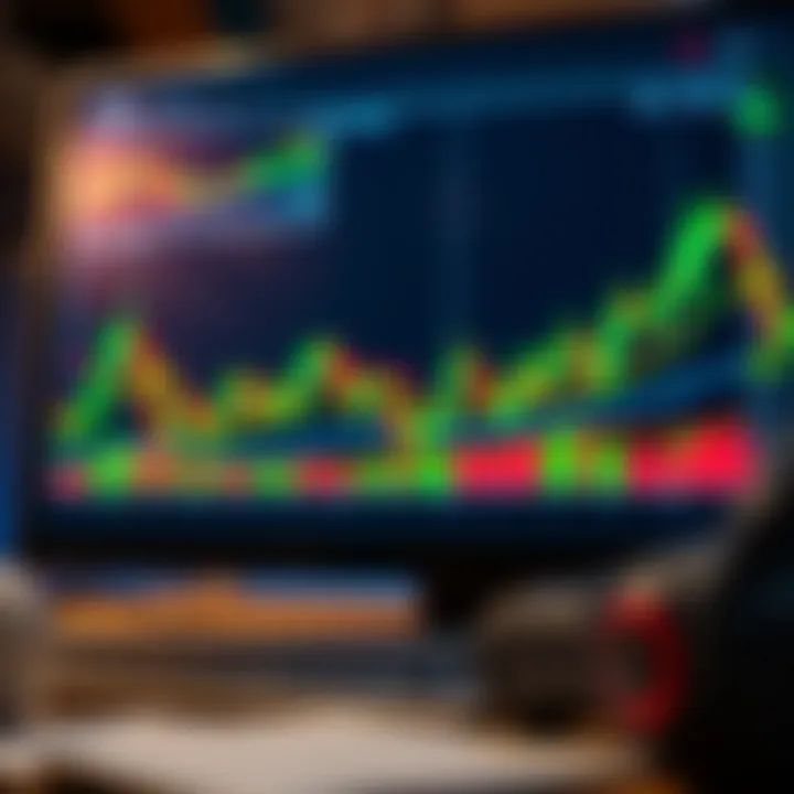 Trading platform screen with candlestick chart showing trend lines and indicators alongside highlighted forex chart patterns