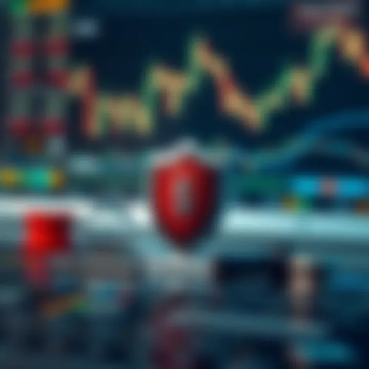 Conceptual graphic depicting risk management strategies with protective shields and trading tools