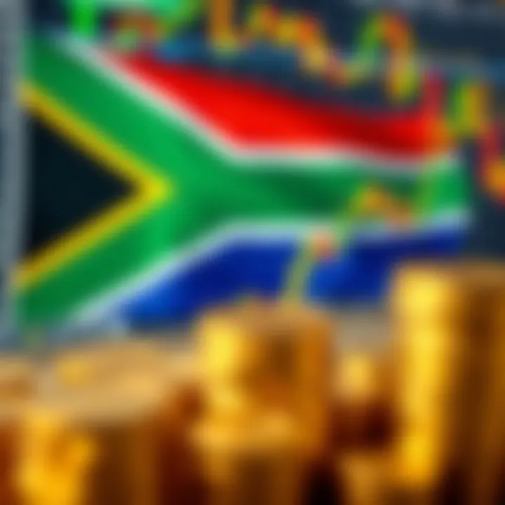 South African flag with currency symbols and forex trading chart in the background