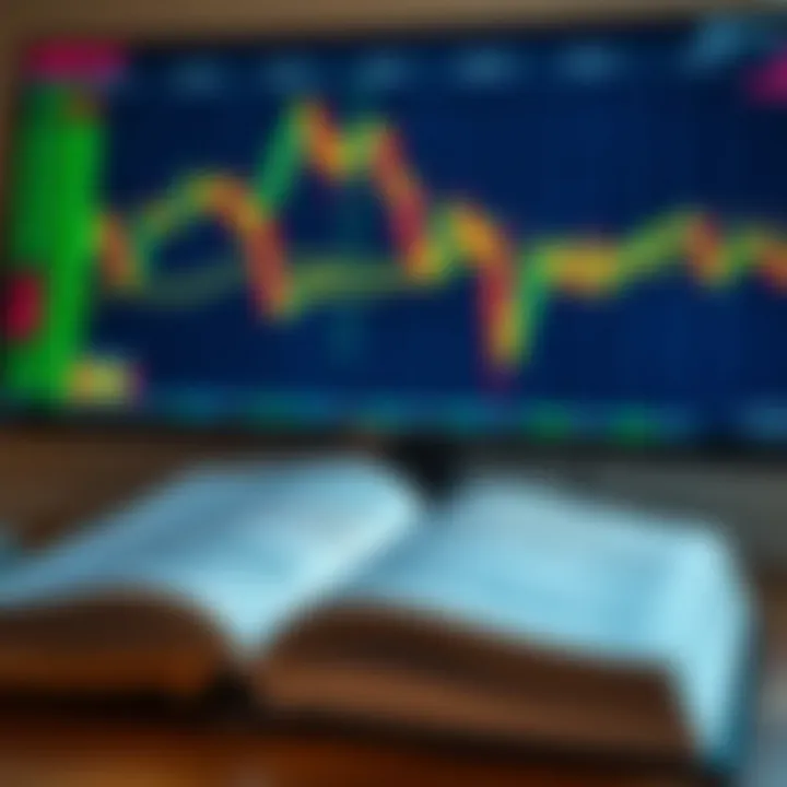 Open forex trading book with charts and currency symbols on screen in background