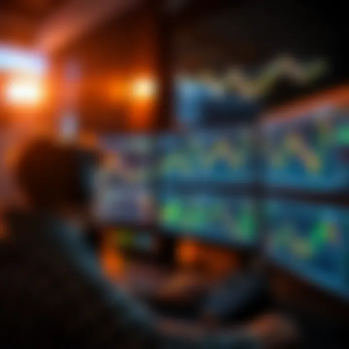 Trader analyzing forex market data and graphs on multiple screens