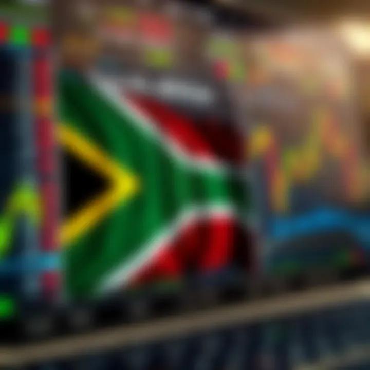 South African flag overlaying a digital forex trading platform with currency charts