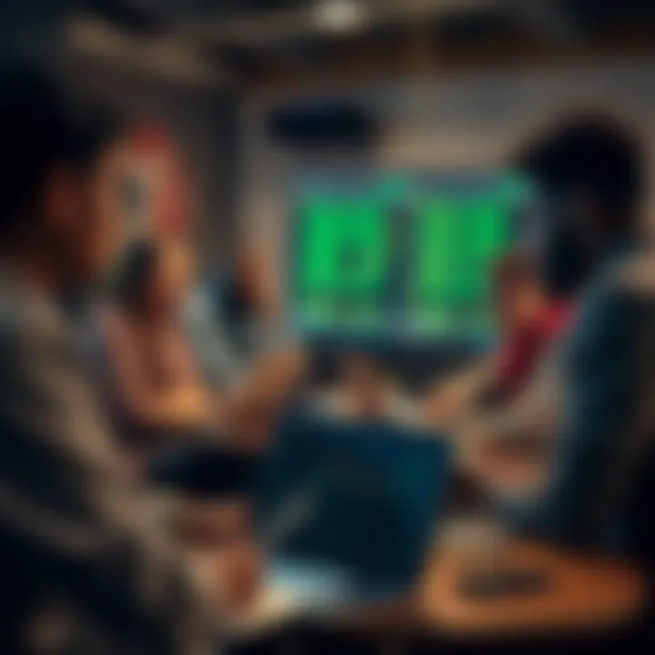 Community gathering discussing crypto trading strategies with laptops and notes