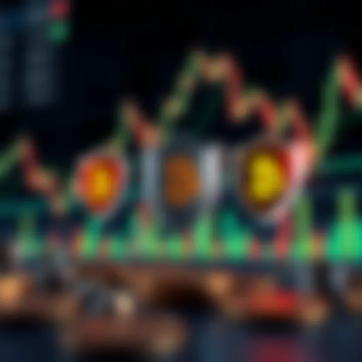 Illustration of risk management concepts with protective shields and financial graphs