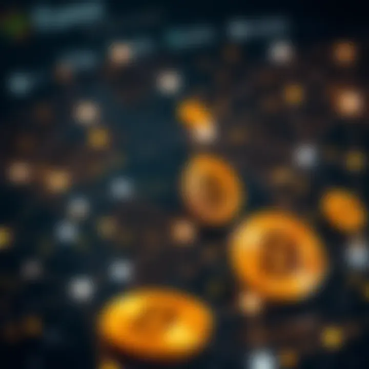 Digital representation of cryptocurrency symbols overlaid on a global network background