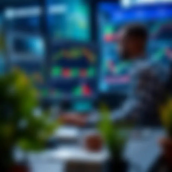 Illustration depicting a forex trader analyzing performance charts and robot settings on a computer screen