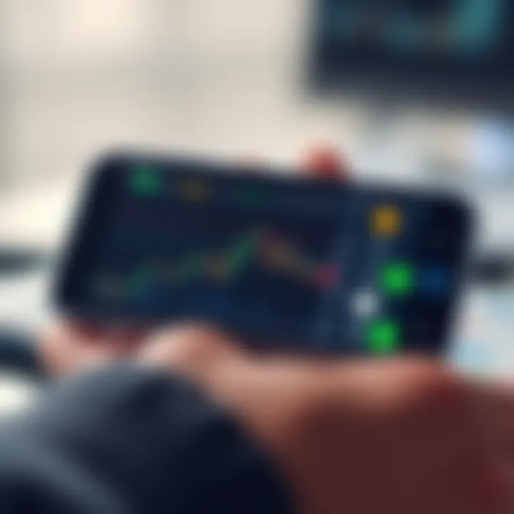 Mobile phone displaying cryptocurrency trading app interface with charts and currency icons