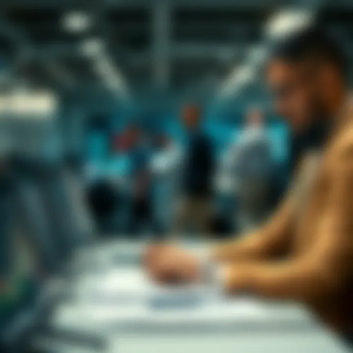 Professional evaluating risk factors in a corporate setting using digital tools