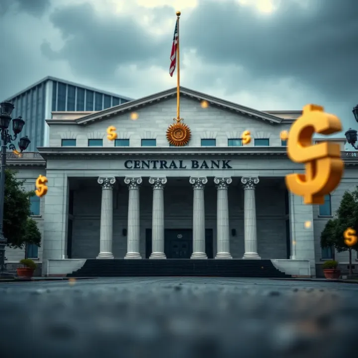 Central bank building with currency symbols representing monetary policy and economic decisions