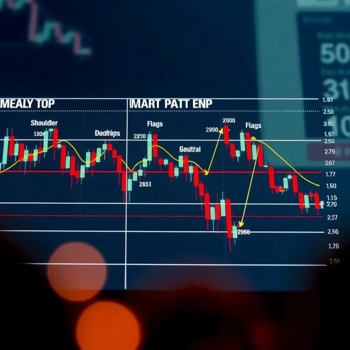 Common Bullish and Bearish Chart Patterns on Price Charts Diagram illustrating common bullish and bearish chart patterns such as head and shoulders, double tops, and flags on a candlestick price chart