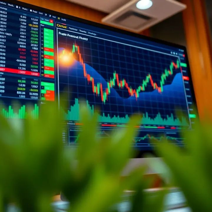Illustration of financial charts and a computer screen showing binary option trading platform interface