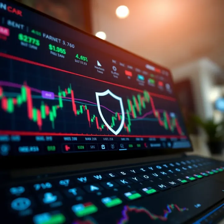 Illustration showing a secure forex trading platform interface with charts and security shield icon