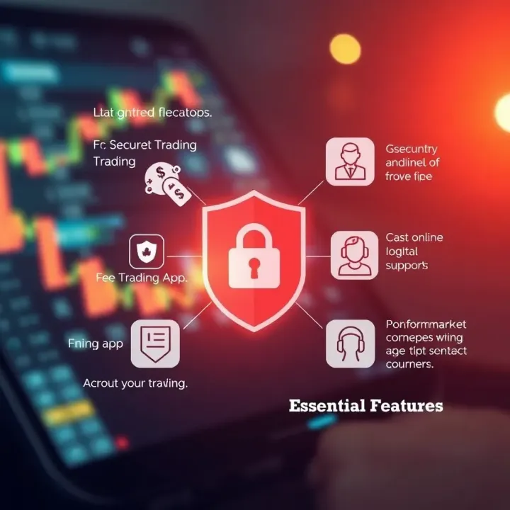 Visual representation of key trading app features including security shield, fee tags, and customer support icons