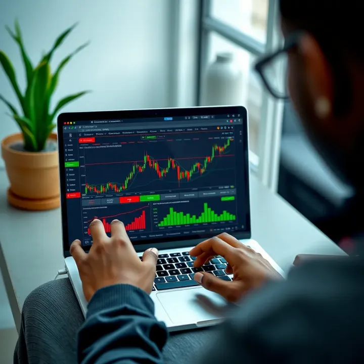 Interactive Online Trading Platform Interface for Nigerian Investors User engaging with a secure online trading platform on a laptop showing diverse financial charts and analytics