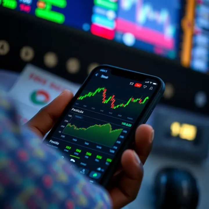 Mobile device displaying user-friendly stock trading app interface with charts and portfolio overview