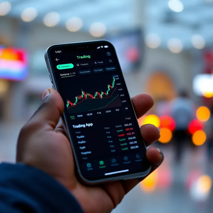 User-Friendly Trading App Interface for Beginners Mobile phone displaying trading app interface with charts and investment options
