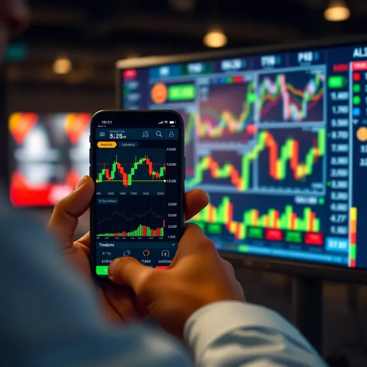 User interacting with a mobile trading app displaying stock market charts and trading options