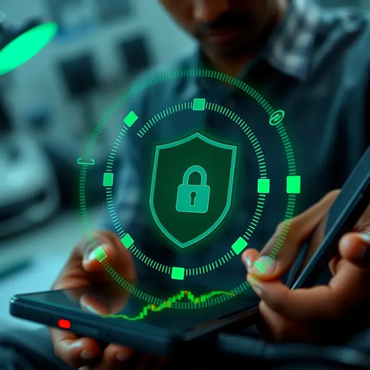 Security features symbolized by a shield icon protecting digital trading transactions on mobile devices